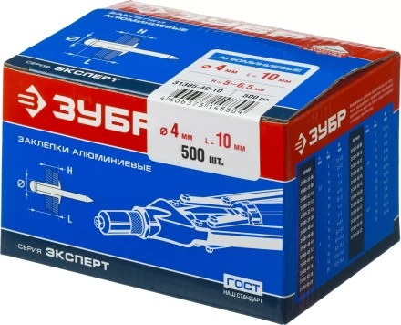 Заклепки ЗУБР алюминиевые, 4,0x10мм, 500шт 31305-40-10 купить в Челябинске