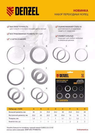 Кольца переходные 32х30, 30х25,4, 25,4х22.2, 22.2х20, 20х16, 30х22.2, 25.4х16, 22.2х16 мм. Denzel 73399 купить в Челябинске