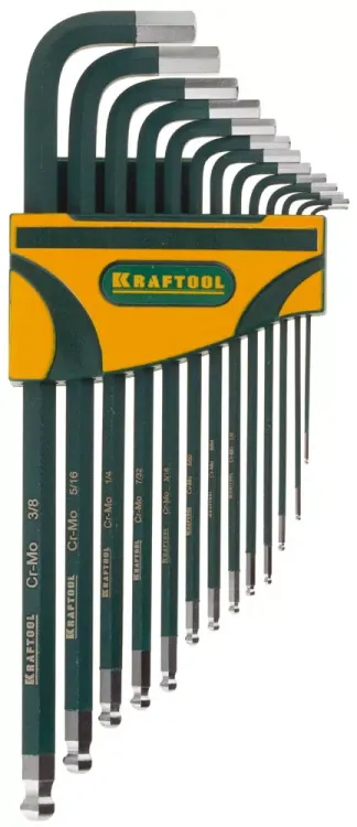 Набор ключей имбусовых KRAFTOOL"INDUSTRIE" длинные,дюймовые,Cr-Mo сталь(S2),Cr покрытие с противоскол напыл,SAE HEX0.05-3/8,13шт 27444-H13 купить в Челябинске