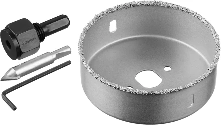 Коронка-чашка ЗУБР &quot;ПРОФЕССИОНАЛ&quot; c карбид-вольфрамовым нанесением, 89 мм, высота 25 мм, в сборе с державкой и сверлом 33360-089_z01 купить в Челябинске