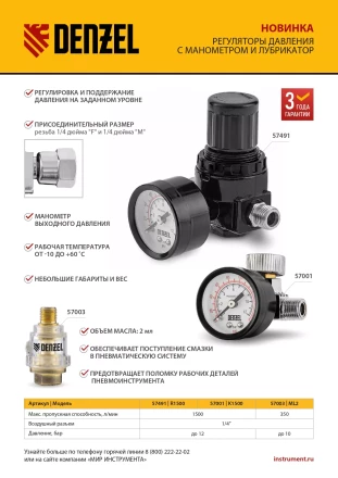 Регулятор давления с манометром Denzel R1500, 12 бар, 1/4&quot;, 57491 купить в Челябинске
