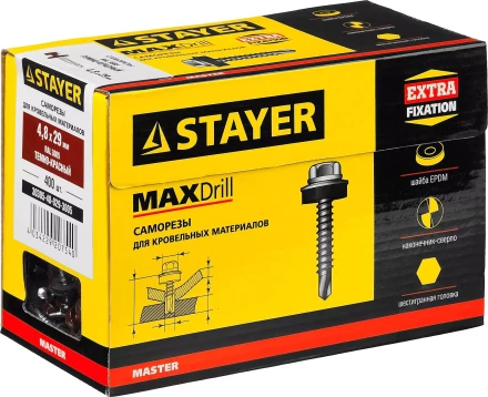 Саморезы СКД кровельные, RAL 3005 темно-красный, 29 x 4.8 мм, 400 шт, для деревянной обрешетки, STAYER 30305-48-029-3005 купить в Челябинске