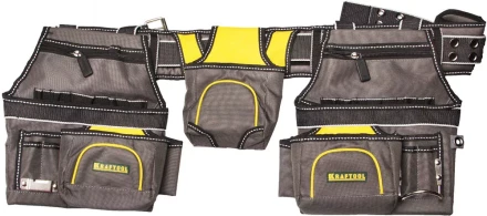 Пояс монтажника KRAFTOOL &quot;INDUSTRIE&quot;, 2 подвесных подсумка, 20 карманов, 2 петли для крепления молотка и рулетки 38742 купить в Челябинске