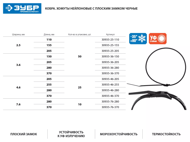 Кабельные стяжки черные КОБРА, с плоским замком, 2.5 х 155 мм, 50 шт, нейлоновые, ЗУБР 30935-25-155 купить в Челябинске