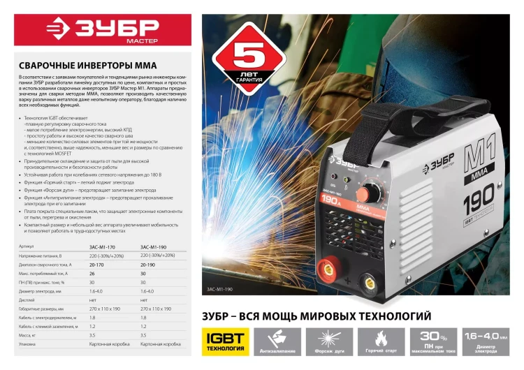 Сварочный инвертор ММА ЗАС-М1-190 серия МАСТЕР купить в Челябинске