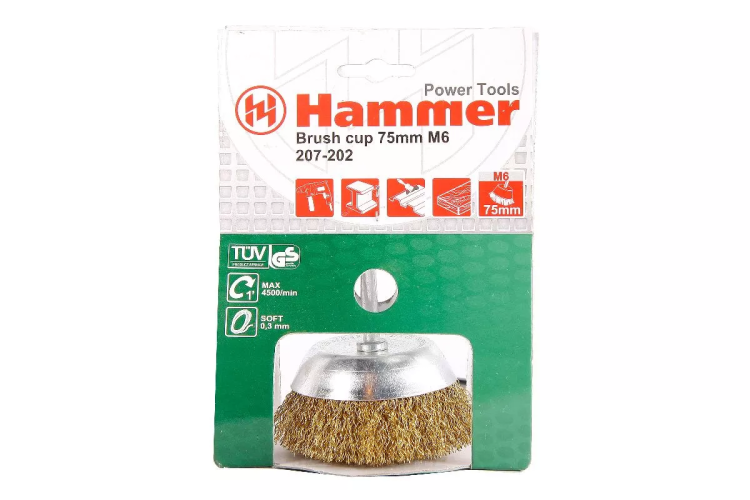 Кордщетка HAMMER чаша 75мм для дрели гофрированная латунированная сталь (207-202) купить в Челябинске
