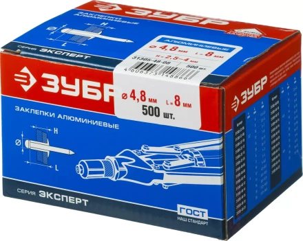 Заклепки ЗУБР алюминиевые, 4,8x 8мм, 500шт 31305-48-08 купить в Челябинске