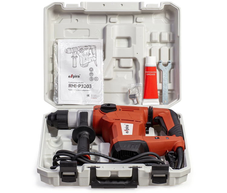 Перфоратор ESPIRA RHI-P3203 (sds plus, 220–240В/50Гц, мощн.1500Вт, ск. хол хода 950 об/м, эн.уд .4,0 Дж, 5.6 кг), 400452 купить в Челябинске