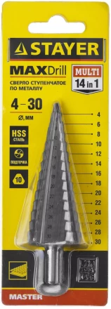 Сверло STAYER &quot;MASTER&quot; ступенчатое по сталям и цвет.мет., сталь HSS, d=4-30мм, 14ступ.d4-30, L-100мм, трехгран. хв.10мм 29660-4-30-14 купить в Челябинске