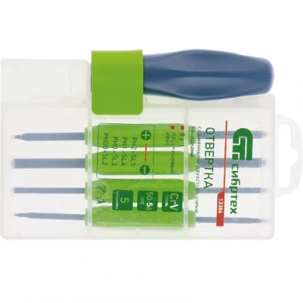 Отвертка со сменными двухсторонними насадками 8 в 1 в пластиковом кейсе CrV Сибртех артикул 13386 купить в Челябинске