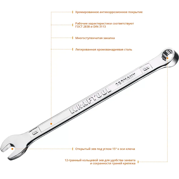 Ключи комбинированные KRAFTOOL, Cr-V, DIN 3113 27079-06 купить в Челябинске