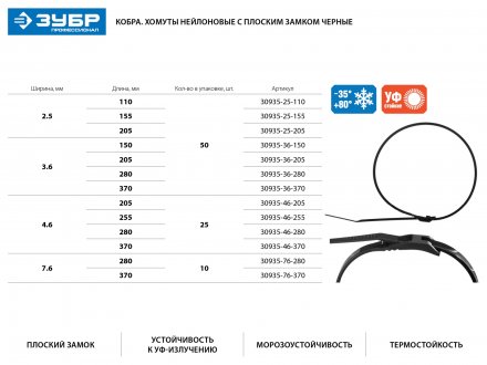 Кабельные стяжки черные КОБРА, с плоским замком, 3.6 х 150 мм, 50 шт, нейлоновые, ЗУБР 30935-36-150 купить в Челябинске