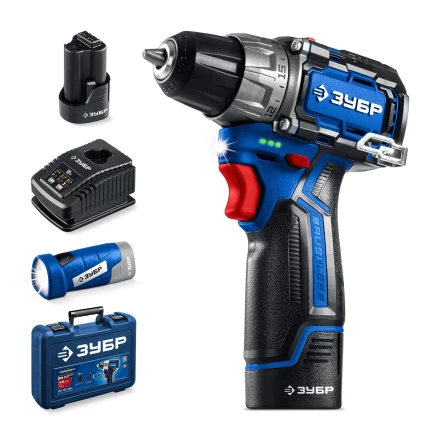 ЗУБР КОМПАКТ #4, набор: дрель-шуруповерт + LED фонарь, BRUSHLESS, 12 В, 45 Н·м, 2 АКБ тип Т7 (2 А·ч), кейс, Профессионал (DB-121-22F) купить в Челябинске