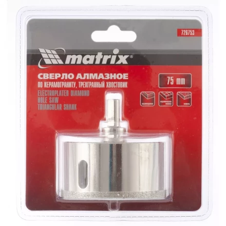 Сверло алмазное по керамограниту 75 х 67 мм 3-гранный хвостовик MATRIX 726753 купить в Челябинске