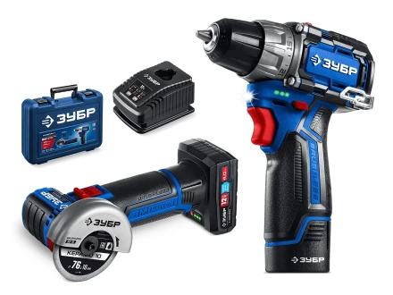 ЗУБР КОМПАКТ #5, набор: дрель-шуруповерт + мини УШМ, BRUSHLESS, 12 В, 45 Н·м, 2 АКБ тип Т7 (4 и 2 А·ч), кейс, Профессионал (DB-121-42AB) купить в Челябинске