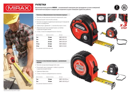 Рулетка, MIRAX 34013-08-25, 3 стопора, двухкомпонентный пластиковый корпус, 7,5мх25мм 34013-08-25 купить в Челябинске