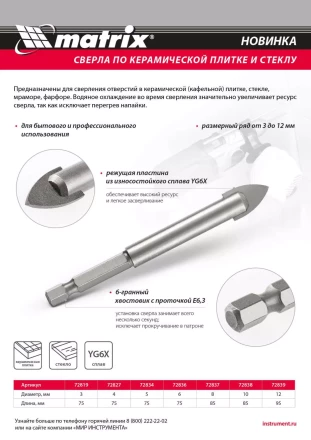 Сверло по керамической плитке и стеклу, 5 мм, шестигранный хвостовик Matrix 72834 купить в Челябинске