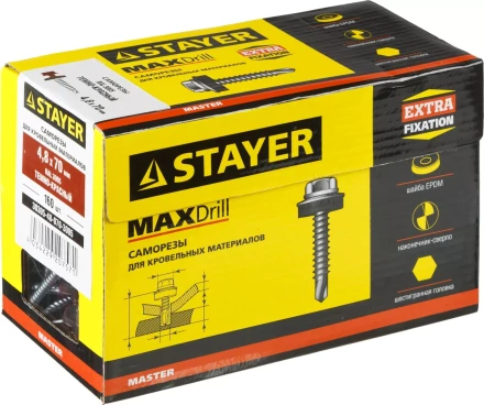 Саморезы СКД кровельные, RAL 3005 темно-красный, 70 х 4.8 мм, 160 шт, для деревянной обрешетки, STAYER 30305-48-070-3005 купить в Челябинске