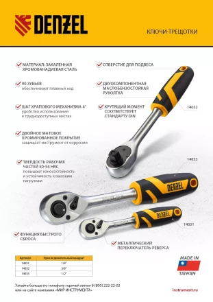 Ключ-трещотка 1/2&quot; Denzel 14033, 90 зубьев, с быстрым сбросом, CrV купить в Челябинске