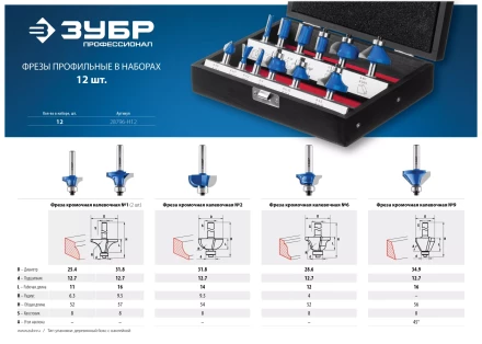 ЗУБР 12 шт, набор профильных фрез по дереву, Профессионал (28796-H12) купить в Челябинске