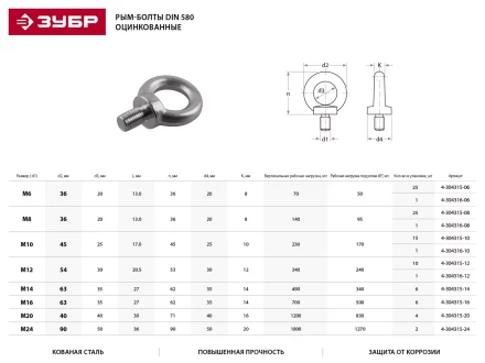 Рым-болт ЗУБР &quot;ПРОФЕССИОНАЛ&quot; DIN 580, оцинкованный, М20, 4 шт 4-304315-20 купить в Челябинске
