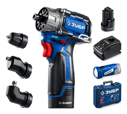 ЗУБР КОМБИ #4, набор: модульная дрель-шуруповерт + LED фонарь, BRUSHLESS, 12 В, 45 Н·м, 2 АКБ тип Т7 (2 А·ч), кейс, Профессионал (DB-125-22F) купить в Челябинске