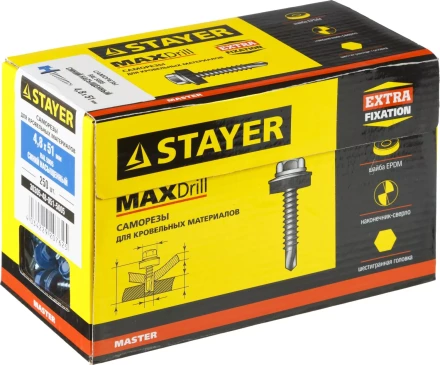 Саморезы СКД кровельные, RAL 5005 синий насыщенный, 51 х 4.8 мм, 250 шт, для деревянной обрешетки, STAYER 30305-48-051-5005 купить в Челябинске