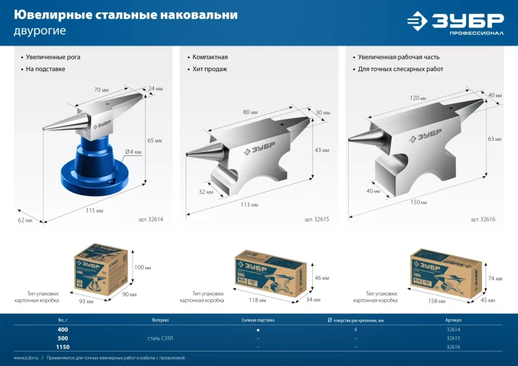 ЗУБР 500 г, ювелирная стальная наковальня, Профессионал (32615) купить в Челябинске