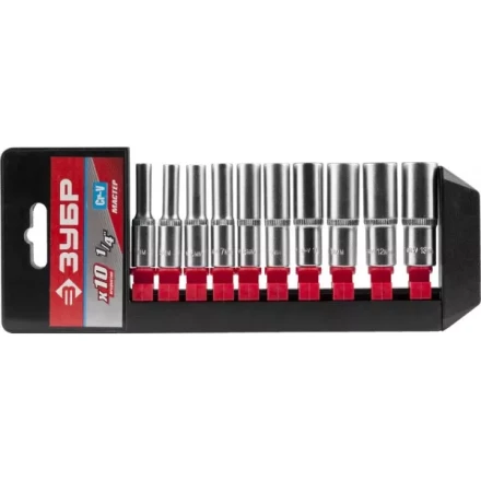 Набор ЗУБР &quot;МАСТЕР&quot;: Торцовые головки (1/4&quot;) удлиненные на пластиковом рельсе, Cr-V, 4-13мм, 10 предметов 27657-H10 купить в Челябинске