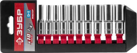 Набор ЗУБР &quot;МАСТЕР&quot;: Торцовые головки (1/4&quot;) удлиненные на пластиковом рельсе, Cr-V, 4-13мм, 10 предметов 27657-H10 купить в Челябинске