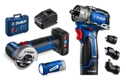 ЗУБР КОМБИ #5 набор: дрель-шуруповерт + мини УШМ + LED фонарь, BRUSHLESS, 12 В, 45 Н·м, 2 АКБ тип Т7 (4 и 2 А·ч), кейс, Профессионал (DB-125-42ABF) купить в Челябинске