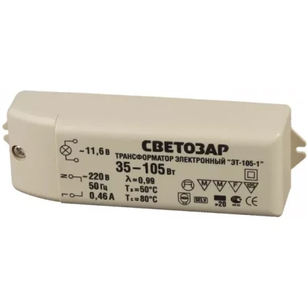 Трансформатор СВЕТОЗАР электронный для галогенных ламп напряжением 12В, вход/выход с одной стороны, 35-105Вт SV-44961 купить в Челябинске