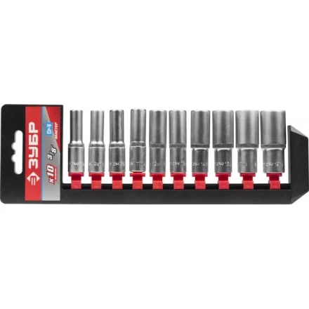 Набор ЗУБР &quot;МАСТЕР&quot;: Торцовые головки (3/8&quot;) удлиненные на пластиковом рельсе, Cr-V, 8-19мм, 10 предметов 27655-H10 купить в Челябинске
