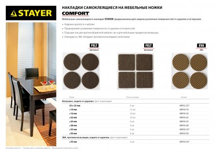 Накладки STAYER &quot;COMFORT&quot; на мебельные ножки, самоклеящиеся, фетровые, коричневые, круглые - диаметр 22 мм, 20 шт 40910-22 купить в Челябинске