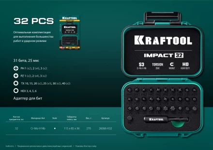 Набор ударных торсионных бит KRAFTOOL Impact, Cr-Mo-V-Nb сталь 26066-H32 купить в Челябинске
