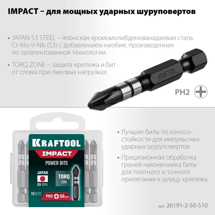 Биты для ударных шуруповертов KRAFTOOL Impact Pro PH 26191-2-50-S10 купить в Челябинске