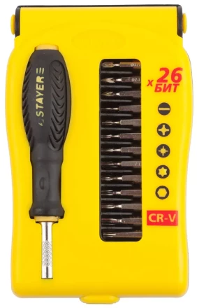 Набор STAYER: Отвертки для точных работ, Cr-V, Cr сменные биты, обрезиненная рукоятка, 28предметов 25614-H28 купить в Челябинске