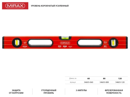 Уровень коробчатый усиленный MIRAX, фрезерованная поверхность, утолщенный профиль, 3 противоударных ампулы (1 поворотная на 360 град), с ручками, 60 см 34603-060 купить в Челябинске
