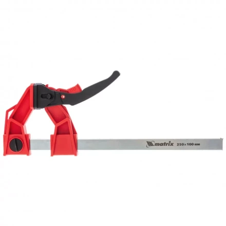 Струбцина реечная быстрозажимная усиленная пластиковый корпус рычажно-храповой механизм 250 х 100 х 401 мм штанга 5 х 22 мм Matrix 20727 купить в Челябинске