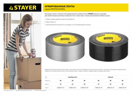 Армированная лента, STAYER 12080-50-10, универсальная, влагостойкая, 48мм х 10м, серебристая 12080-50-10 купить в Челябинске