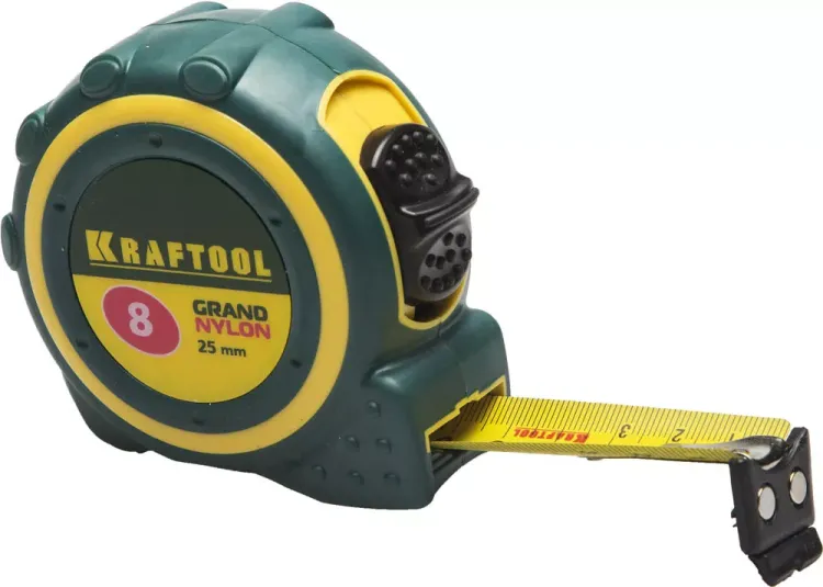 Рулетка KRAFTOOL "GRAND", двухкомпонентный корпус, двусторонняя шкала, нейлоновое покрытие, 8мх25мм 3412-08_z01 купить в Челябинске
