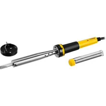 Паяльник PROTerm с двухкомпонентной рукояткой, в комплекте с припоем и подставкой, жало - клин, STAYER Professional 55300-100, 100 Вт 55300-100 купить в Челябинске