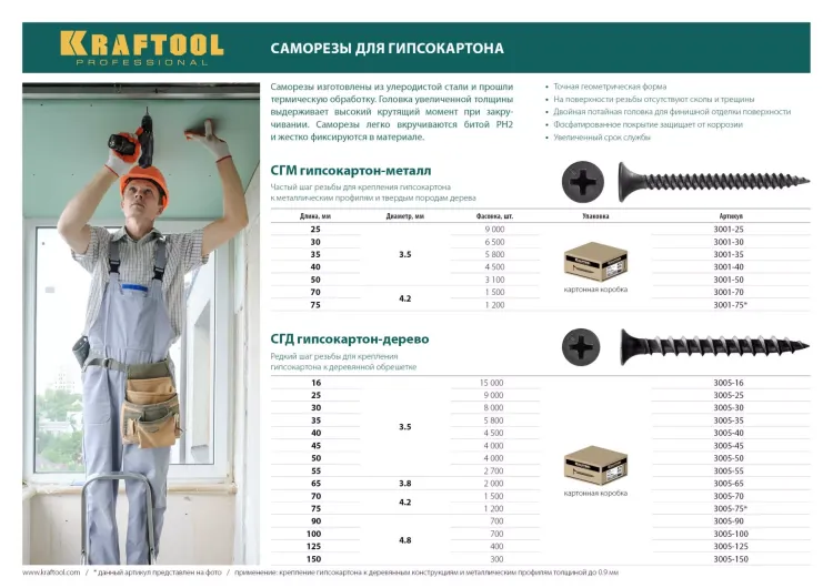 Саморезы СГМ гипсокартон-металл, 40 х 3.5 мм, 4 500 шт, фосфатированные, KRAFTOOL 3001-40 купить в Челябинске