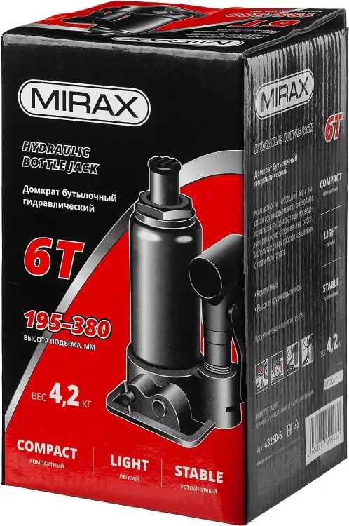 Домкрат гидравлический бутылочный, 6т, 195-380 мм, MIRAX 43260-6 43260-6 купить в Челябинске