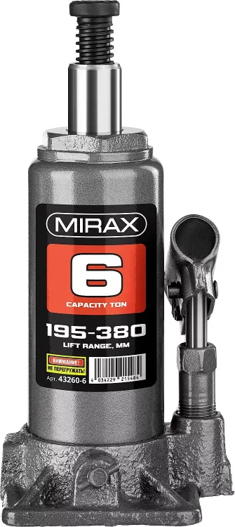 Домкрат гидравлический бутылочный, 6т, 195-380 мм, MIRAX 43260-6 43260-6 купить в Челябинске