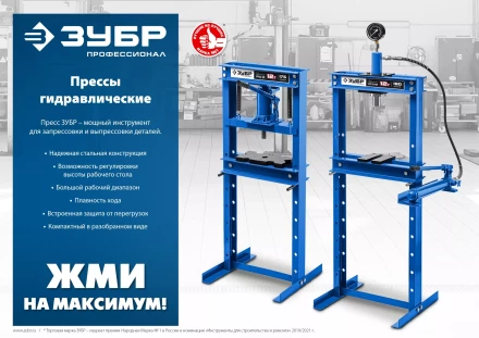 ЗУБР ПГН-12, 12 т, гидравлический пресс с гидронасосом и манометром, Профессионал (43072-12) купить в Челябинске