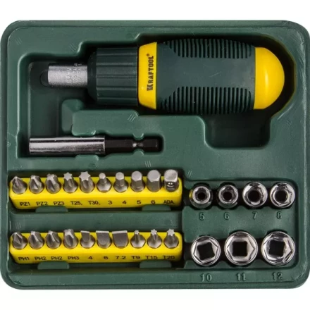Набор KRAFTOOL Отвертка реверсивная с битами и торцовыми головками, 29 предметов 25556-H29 купить в Челябинске