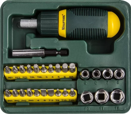 Набор KRAFTOOL Отвертка реверсивная с битами и торцовыми головками, 29 предметов 25556-H29 купить в Челябинске