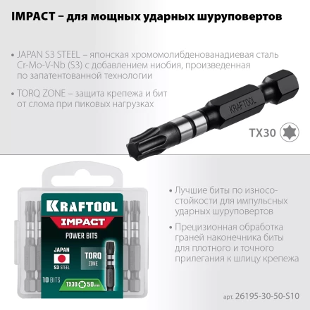 Биты для ударных шуруповертов KRAFTOOL Impact Pro TX 26195-30-50-S10 купить в Челябинске