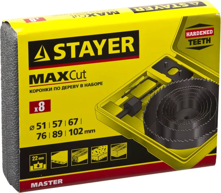 Набор кольцевых коронок по дереву STAYER "MASTER" Д51, 57, 67, 76, 88, 102мм. 8шт. 29600-H8 купить в Челябинске